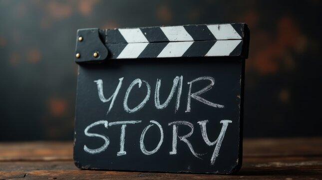 Black film clapboard with white chalk text reads your story. Used for movie production and video creation. A symbol of filmmaking and storytelling. 

