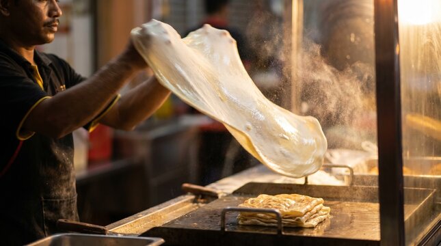 Flipping roti canai in a food street night market.