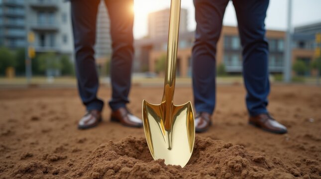 Golden shovel in dirt marks new construction. Businessmen in suits attend groundbreaking ceremony. Future building development project starts now. Real estate investment begins