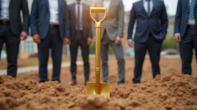 Golden shovel in dirt marks new construction. Businessmen in suits attend groundbreaking ceremony. Future building development project starts now. Real estate investment begins