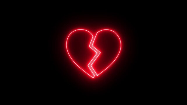 Red neon broken heart symbol glowing on black background. Broken heart symbol image photo. Professional broken heart symbol for emotional separation and romantic heartbreak conceptual art.