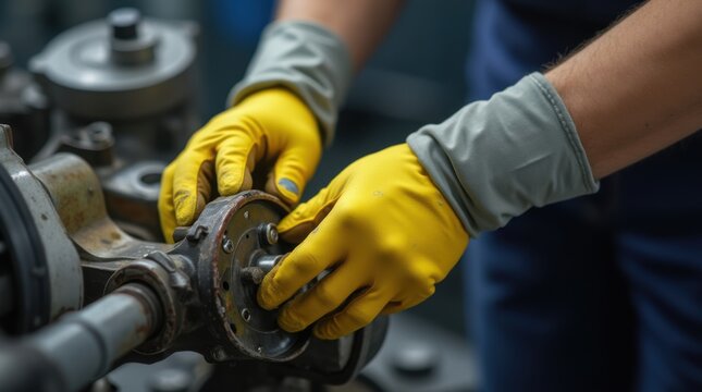 Hand in glove applies yellow grease onto shiny metal machine part. Lubrication ensures smooth mechanical operation and extends equipment life. Serviceable component gets protective oil coating