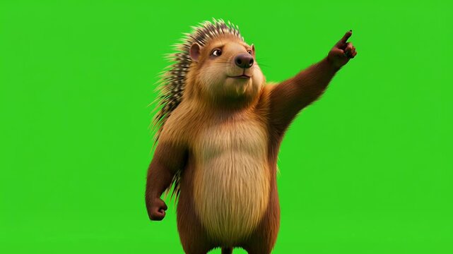 Smiling Porcupine Cartoon Character on Green Screen