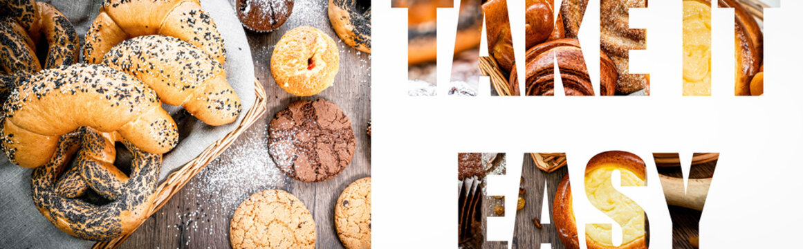 Photo collage with fresh sweet buns, in the shape of the word tske it easy. pastries, background for bakery or banner for baker's website with space for text