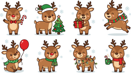 Cute Christmas reindeer collection with gifts, scarves and holiday decorations cartoon vector illustration set © NURUL