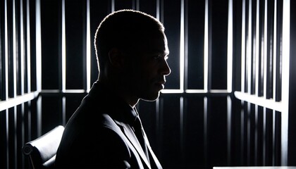 Obraz premium Man in silhouette against a dramatic background of vertical light bars and shadows, conveying a sense of mystery