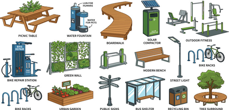 Urban smart park infrastructure vector set with green wall solar compactor bike repair and fitness equipment
