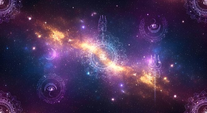 Hindu Lord Shiva cosmic background with glowing nebula and sacred symbols