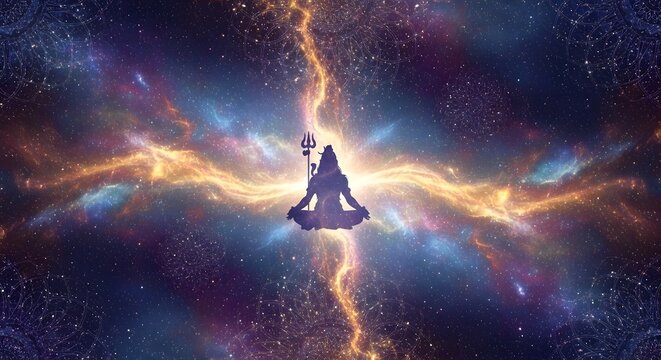 Lord Shiva Silhouette Meditating in Cosmic Space with Nebula and Mandala. Divine spiritual Hindu deity in the universe for Maha Shivaratri celebration.