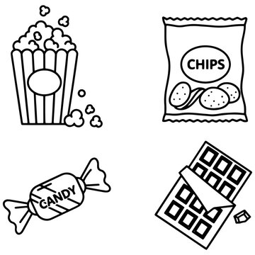 Outline icons of popcorn chips candy chocolate bar with junk food white background line art