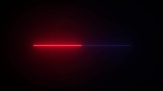 Horizontal neon line transitioning from red to blue on dark. Neon line abstract bright. Professional neon line for futuristic digital transition and high tech motion graphic interface.