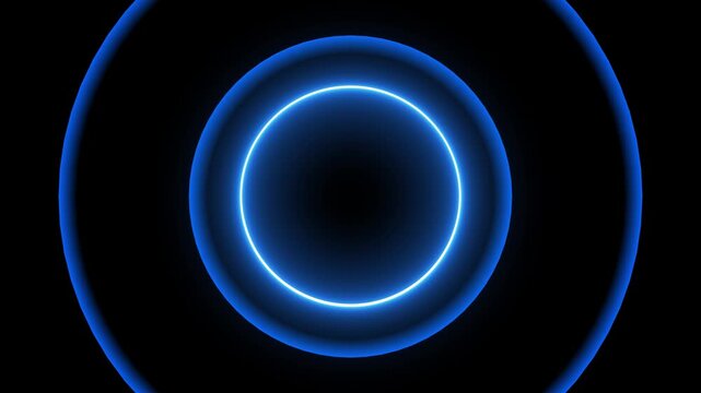 Concentric blue neon circles glowing on a black background. Neon circles abstract bright. Professional neon circles for futuristic digital portal and advanced technology scanner art.