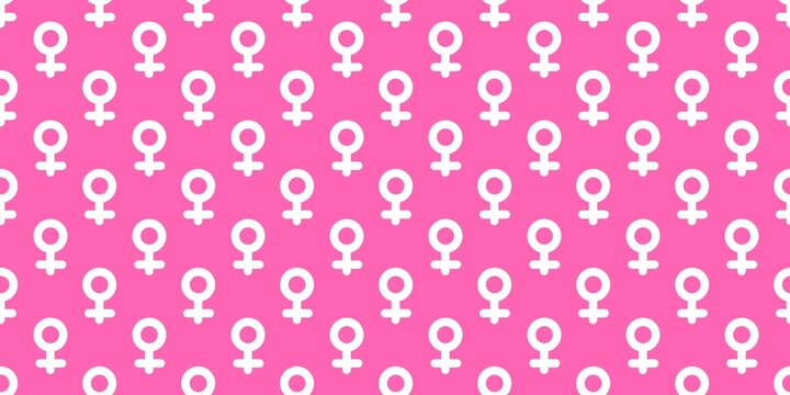 Seamless pattern with white female gender symbols on a bright pink background. Minimalist vector illustration for feminist concepts, women rights, empowerment, and gender identity themes.