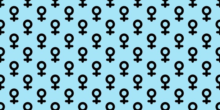 Seamless pattern of black female gender symbols on a light blue background.