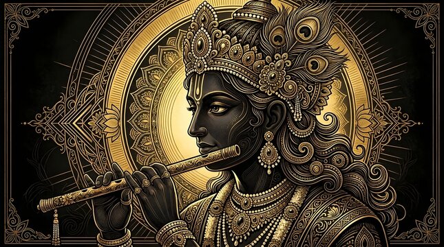 Lord krishna divine portrait intricate artwork of the hindu god playing a flute golden halo detailed ornamentation