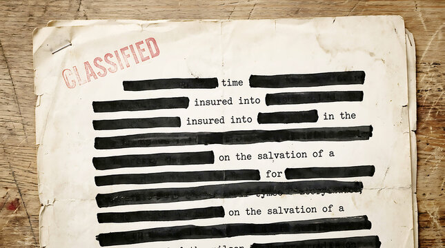 Redacted confidential document with black lines on paper