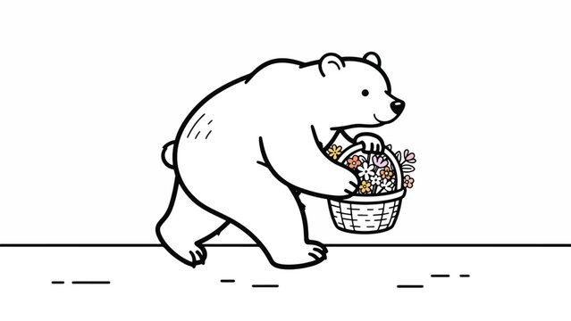 Bear carrying basket of food outdoors.