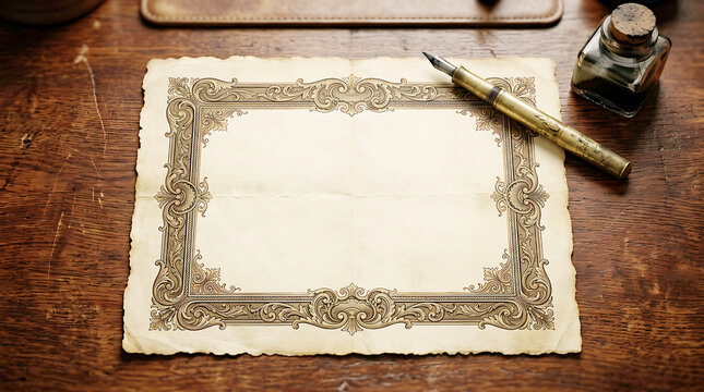 Vintage green border paper with pencil on wooden desk
