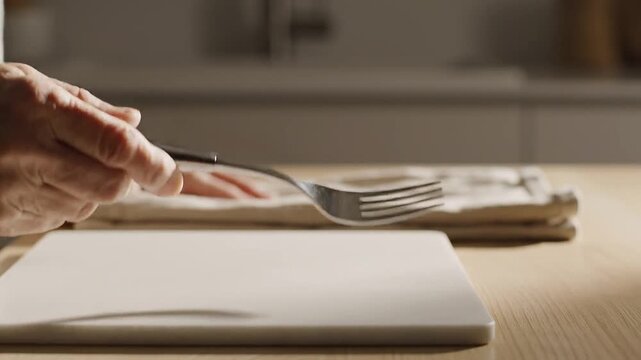 Hand holding fork above white plate in modern kitchen setting  