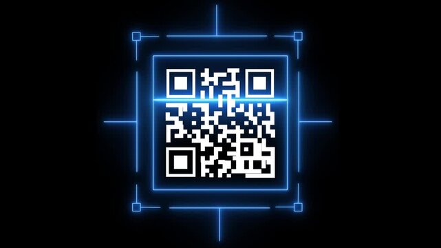 Qr code scanned by blue neon targeting lines on black. Qr code abstract bar code. Professional qr code for digital payment authentication and modern smartphone scanning technology art.