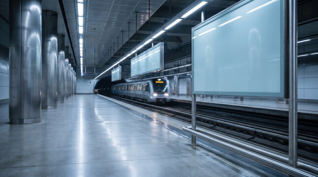 Modern subway train arriving at clean underground station with blank illuminated billboards polished floor symmetry urban transit infrastructure public transportation advertising mockup