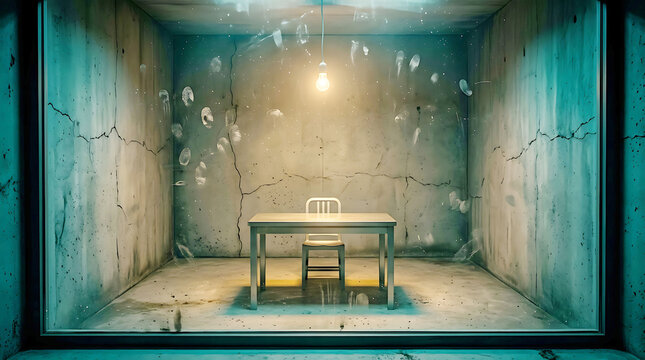 Abandoned prison cell with a table and chair