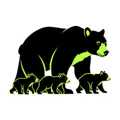 Black Bear Family Walking Silhouette with Green Accents © Berang