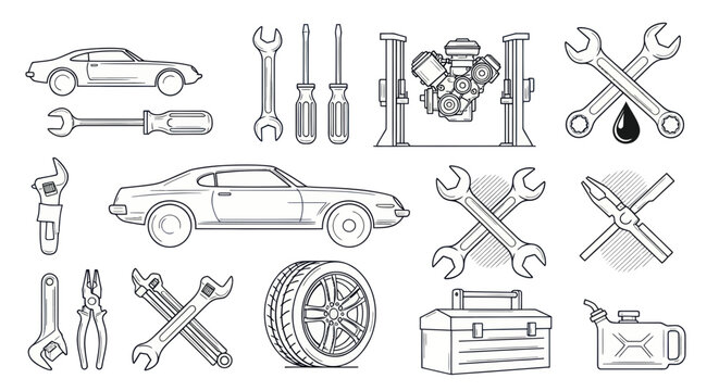 Automotive Repair Tools and Classic Car Illustration Set