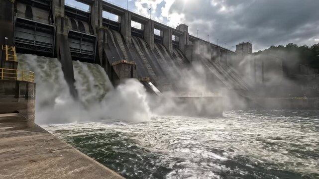 Dam releases water through spillway gates creating powerful flow. Water rushes from dam spillway with massive spray. Dam discharge creates turbulent water below spillway gates. Power of water release.
