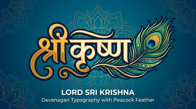 Lord sri krishna devanagari typography with peacock feather hindu mythology divine god