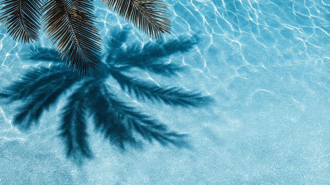 Aqua waves and coconut palm shadow, top view of water pool texture, blue minimalist style, bright summer lighting, tropical travel holiday background with copy space