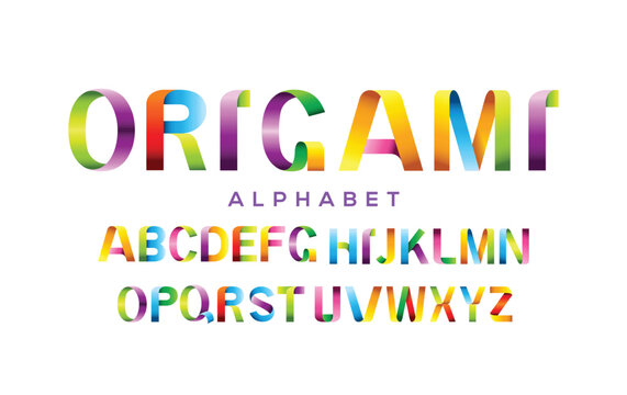 Origami creative font of multi gradient glow ribbon letters set. Business futuristic logo design template. Abstract vector elements for corporate identity emblem, label or icon