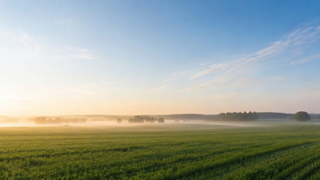 Misty Green Agricultural Field Landscape with Clean Sky Copy Space