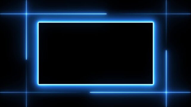 Glowing blue neon rectangle border frame on black background. Rectangle border abstract bright. Professional rectangle border for futuristic digital display and technological framing.
