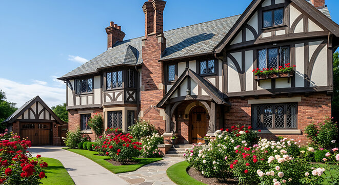 Luxury Tudor Style Home with Blooming Rose Garden and Stone Path