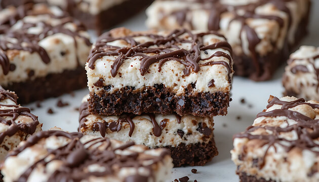Rectangular brownie bars with marshmallow and chocolate topping decorated with drizzle on marble surface