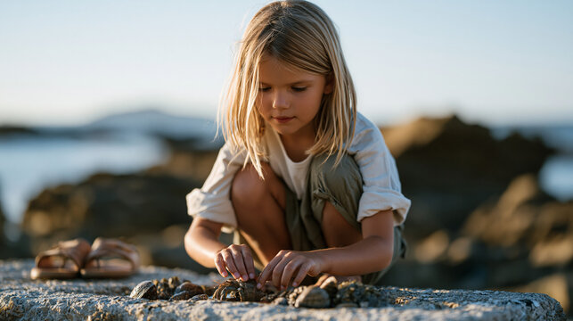 Young girl crouching to examine tide pool creatures during summer low tide, wonder-filled expression as a hermit crab navigates between her fingers, rocky coastal setting bathed in warm solstice aft