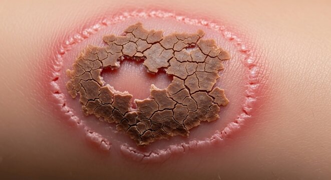 Close-up Macro Shot of a Fungal Skin Infection Ringworm Lesion.