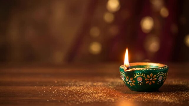 Green and gold clay diya lamp with flame on a wooden table with glitter for traditional festival celebration concept