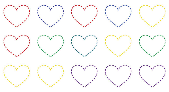 Colorful heart shapes collection dashed line silhouette