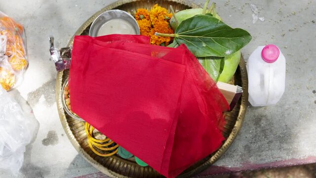 indian worship ceremony setup with sacred offerings and puja accessories