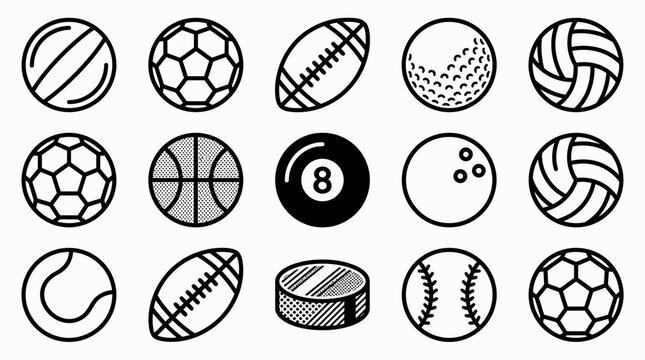 Collection of various sport ball icons and equipment vector illustration.