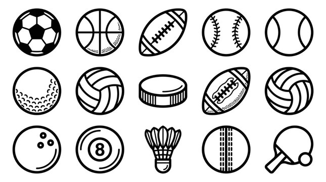Collection of various sport ball icons and equipment line art.
