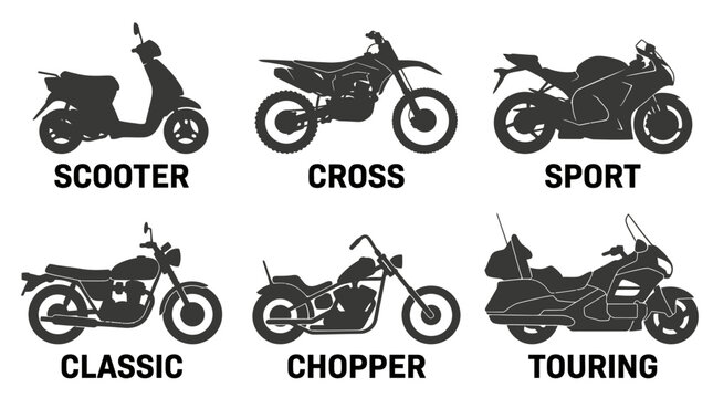 Collection of various motorcycle types silhouettes icon set.