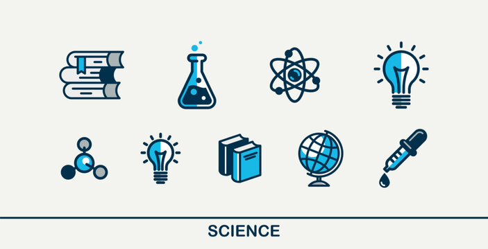 Science vector detailed icons set, physics and chemistry bundle, mathematics and geography study education.