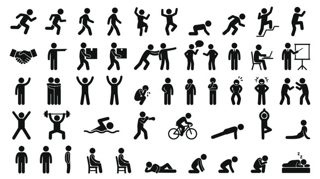 Collection of various stick figure icons representing human actions and daily activities.