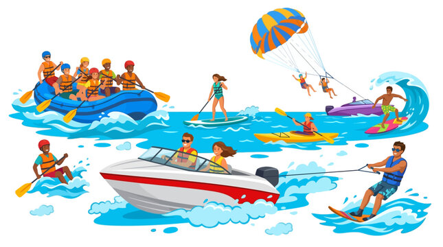 Group of people enjoying various summer water sports and activities in the ocean.