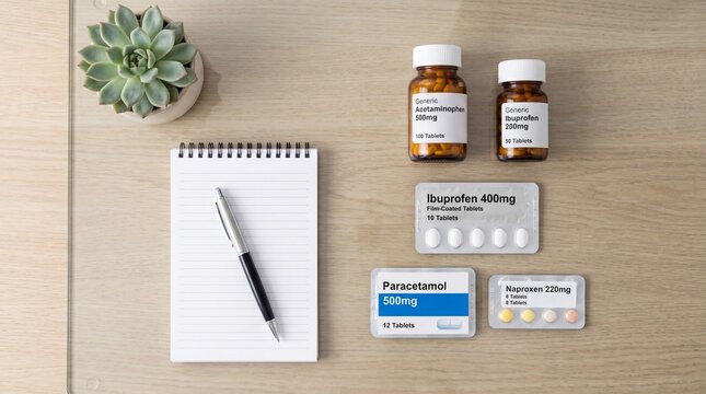 Flat lay of various pain relief medication packages with notebook pen and succulent for healthcare article background and checklist design