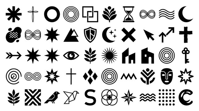 Set of black and white minimal vector icons and symbols.