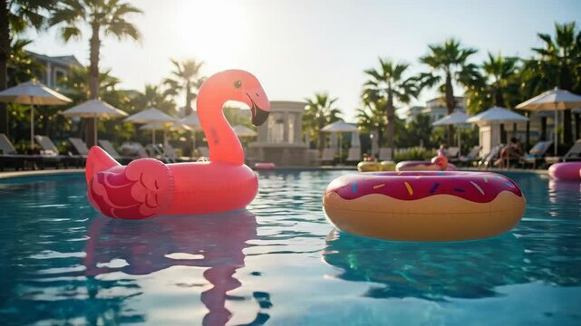 Swimming pool scene with inflatable flamingo and doughnut floats under sunlight